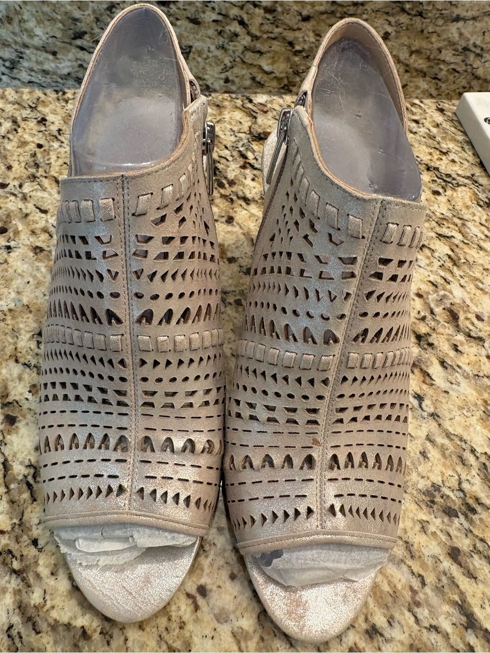 Vince Camuto Taupe Laser-Cut Peep-Toe Mules